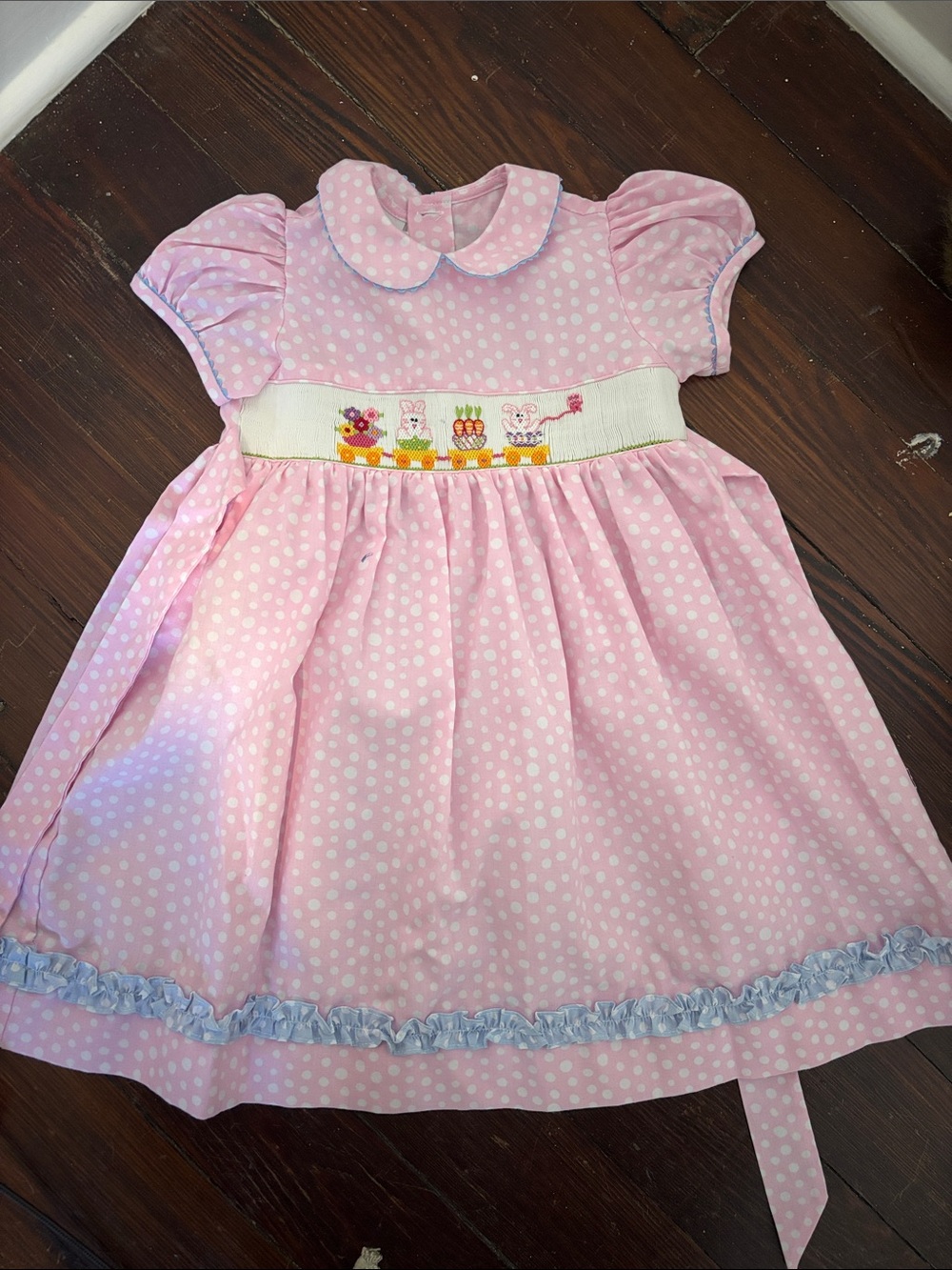 Pink Polka Dot Smocked Formal Dress with Blue Trim
